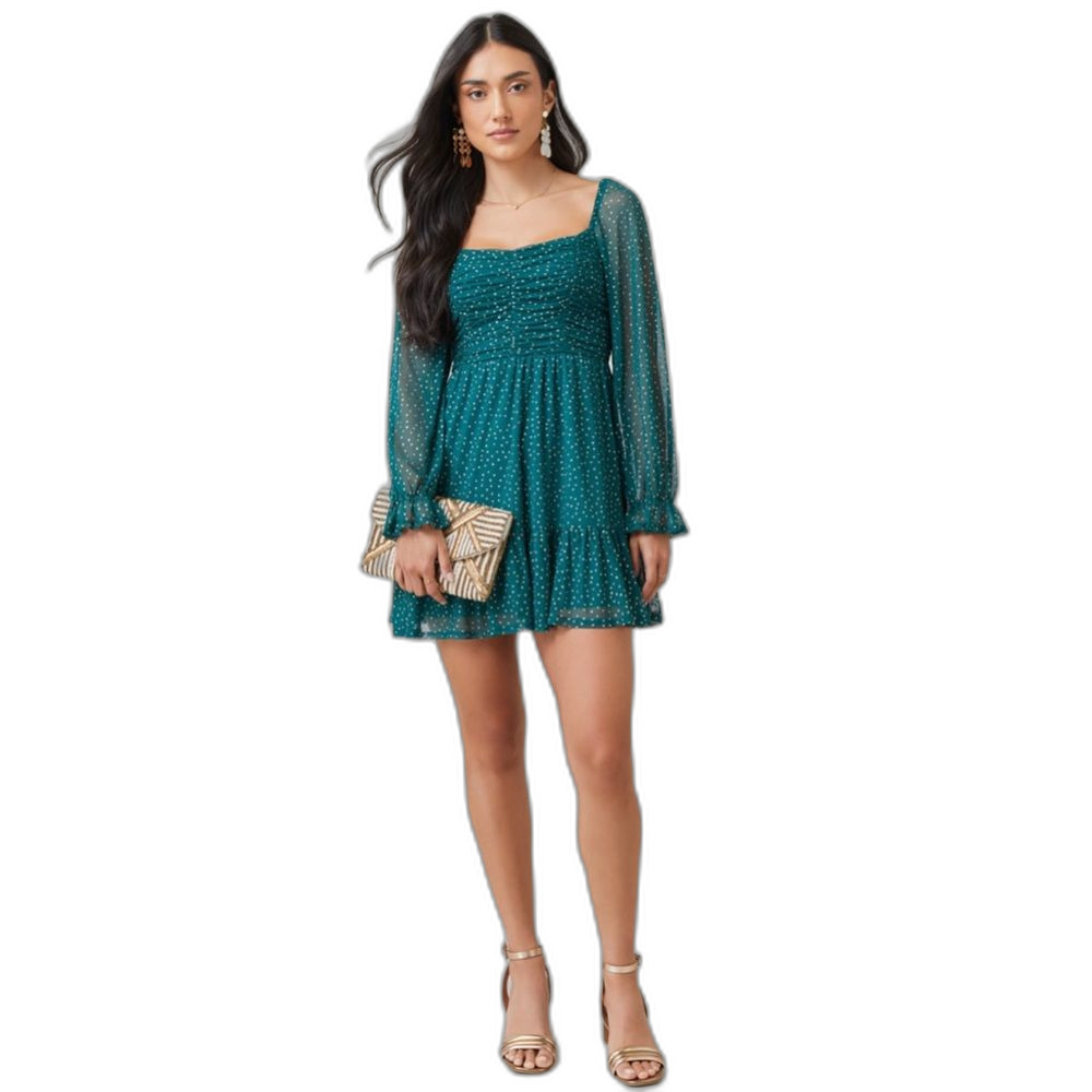 Audrey parks Francesca’s Kelly Ruched Lurex Dot Dress in green size medium